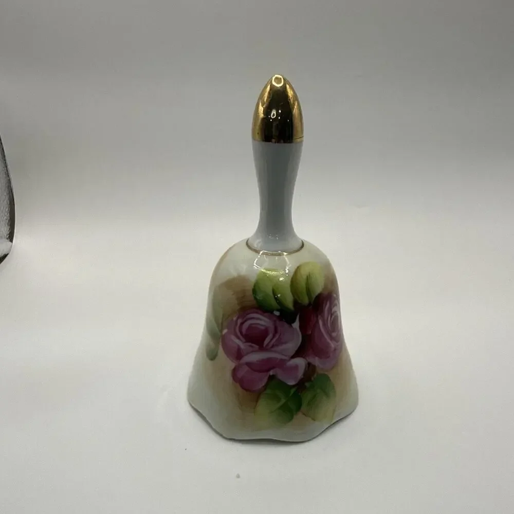 Enesco Japan Bell Floral Rose Gold Accent Hand Painted 4 Inches Tall